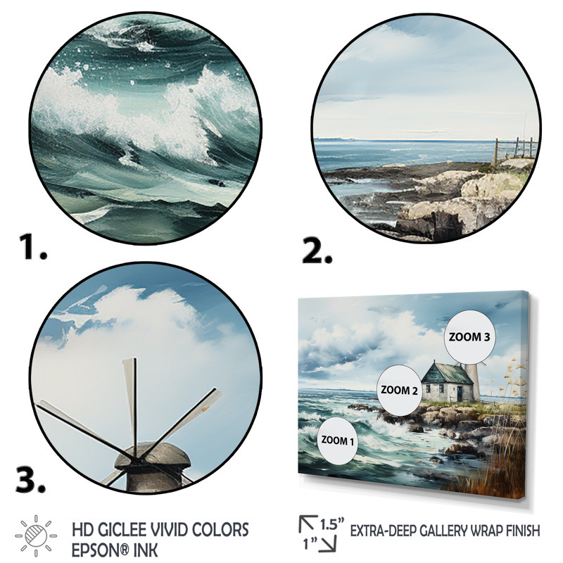 «Watercolor Vintage Coastal Windmills - Wind Turbines», art mural, Cadre d'angle fermé noir, H 30 po x l 40 po x P 1,5 po