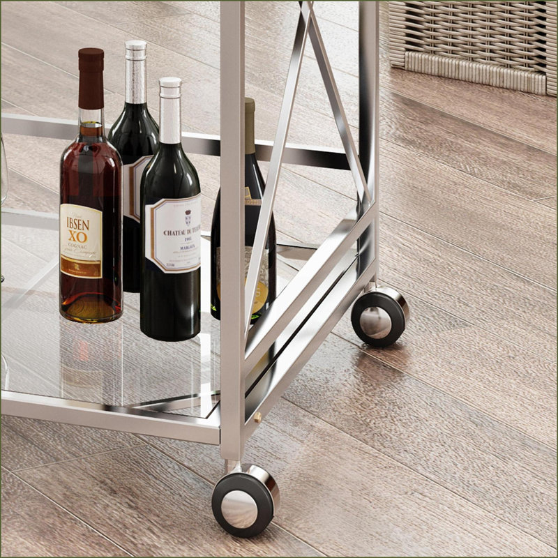 Chariot-bar, Art déco moderne à 2 niveaux | Verre trempé | Métal argenté brossé | Verre et métal
