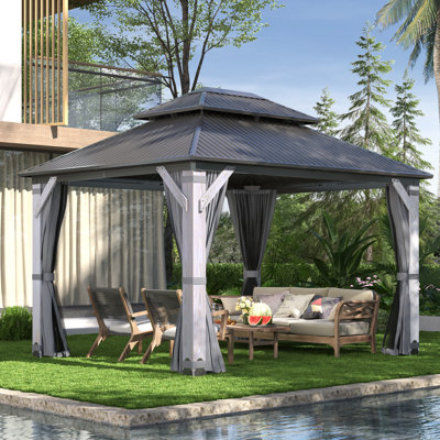 Outdoor Wood Gazebo, Hardtop Gazebo Permanent Cedar Wooden Gazebo with Galvanized Steel Double Roof, for Patio, Garden, Deck