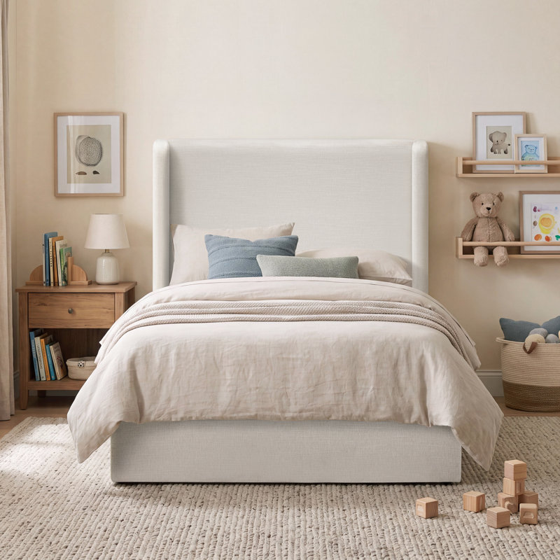 Carmen Upholstered Wingback Bed, Twin, Ivory Canvas
