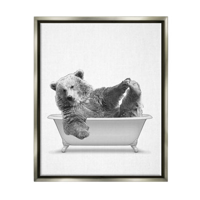 Bear Playing In Bath Wildlife Gray Framed Floater Canvas Wall Art by Annalisa Latella