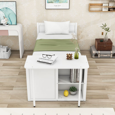 Lit plateforme simple en bois avec lit gigogne simple, bureau intégré, tablettes et 3 tiroirs