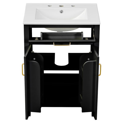 Compact Size Bathroom Vanity - Space-Saving Storage Cabinet With Ceramic Sink Combo And 2 Soft Close Doors - Black