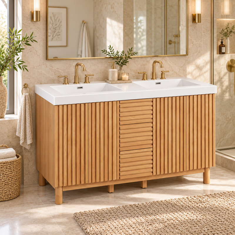 Meuble-lavabo cannelé de 150 cm avec double lavabo en SMC, 4 portes et 3 tiroirs, pieds en bois massif