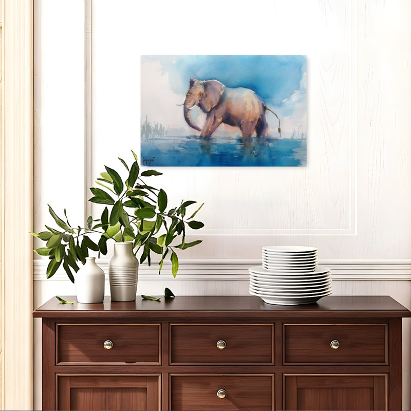 «Majestic Elephant Wading Peaceful Serene Tranquil Elephant Nature Wildlife», art mural, 16" H x 24" W