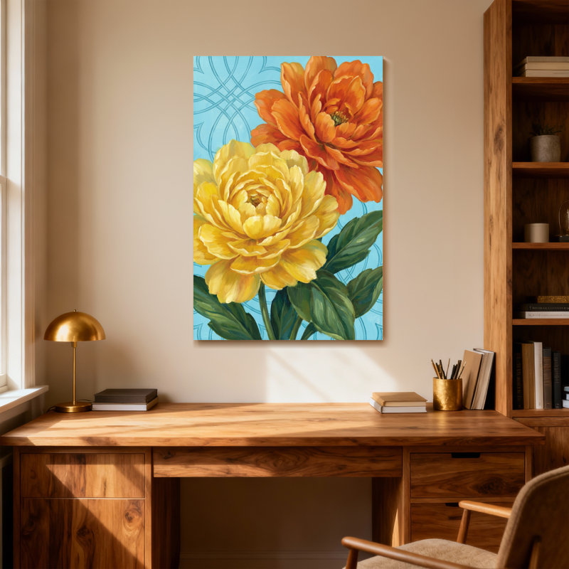 Motif floral de plantes et de fleurs avec des roses jaunes et oranges, H 24 po x l 16 po