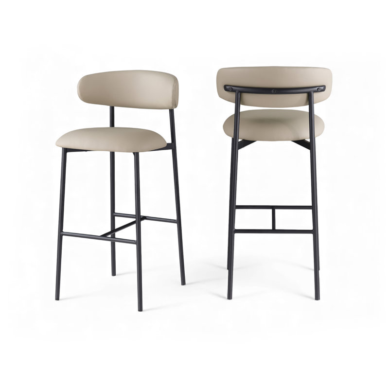 Tabouret de bar rembourré en cuir Lupita, Noir mat, Cuir taupe végétalien