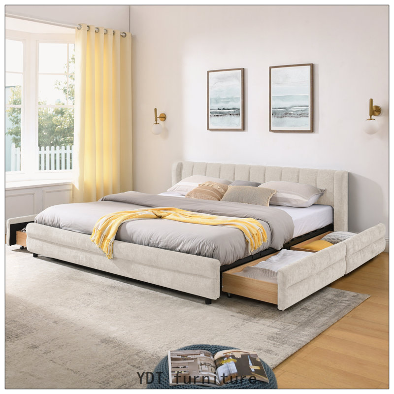 Très grand lit de rangement rembourré beige, Beige, Très grand