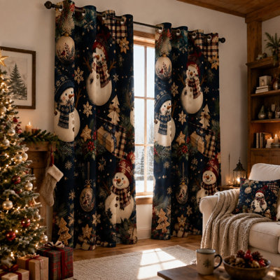 2Pcs Mignon bonhomme de neige à motif de rideaux bloquant le soleil, décoration de thème de Noël festif, vacances d'hiver imprimé anneau supérieur pour chambre à coucher, salon, décoration pour la maison