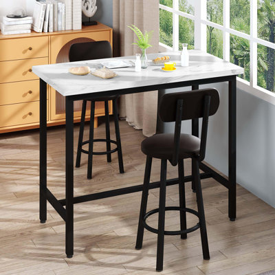 Space-Saving 39" Bar Table Set for 2 with PU Leather Stools - White Marble MDF Counter Height Dining Set