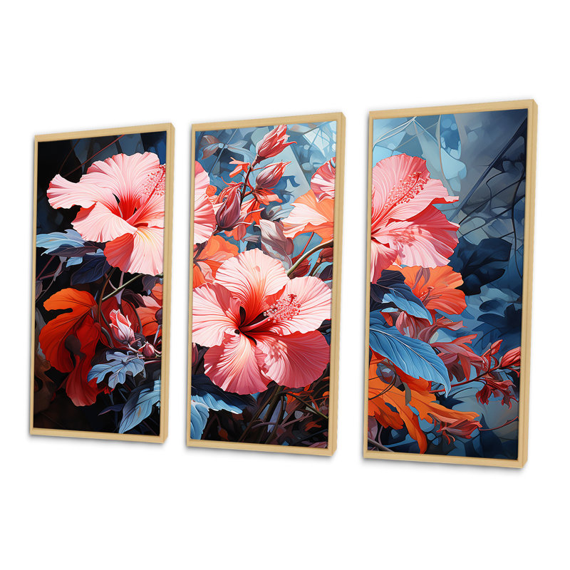 Hibiscus rose et bleu, ensemble moderne d'art sur toile Hibiscus, Cadre naturel flottant, H 32 po x l 48 po x P 1 po