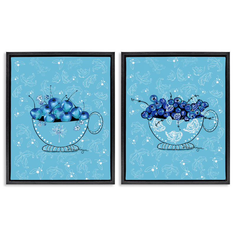 Ensemble de 2 cadres flottants Blue Fruit Teacups, design par Susan Lugar, Cadre flottant noir de jais, H 21 po x l 17 po