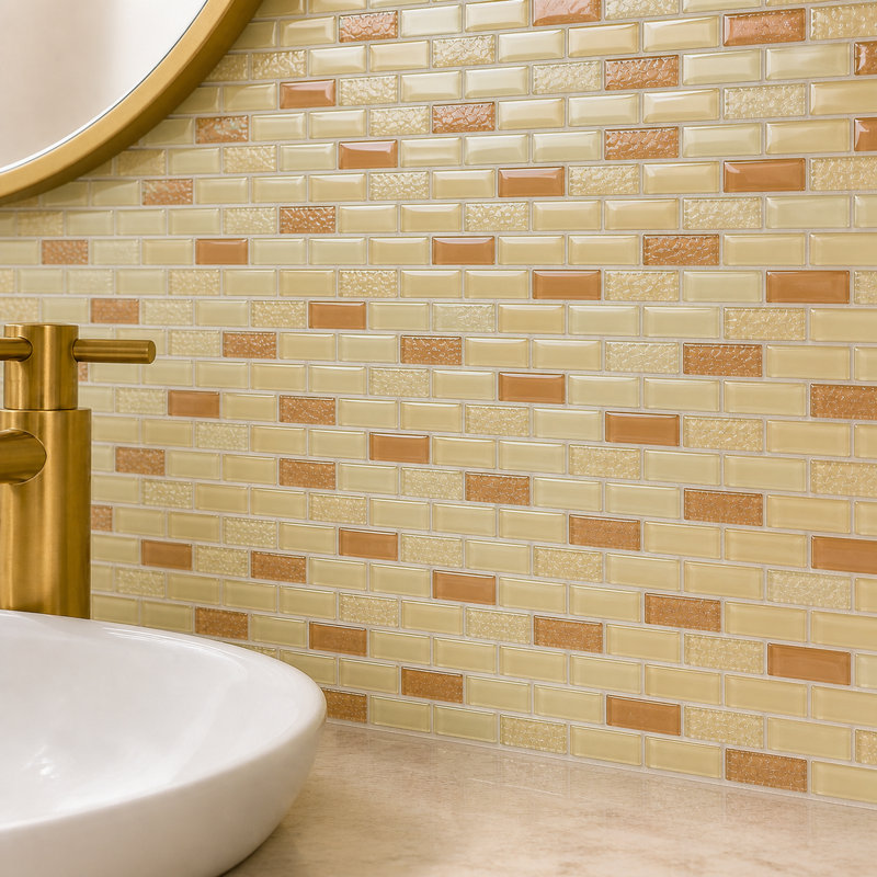 Carreau de mosaïque murale en brique de verre Rainbow Crystile 1 po x 2 po, Beige / Rose