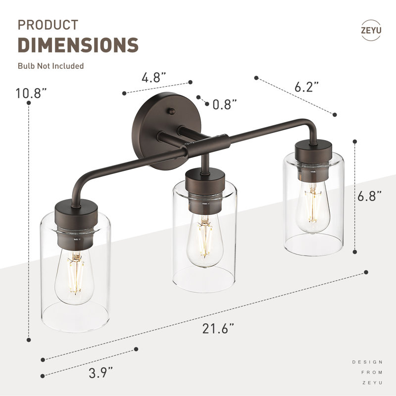 Éclairage de meuble-lavabo rétro à intensité variable, abat-jour en verre, H 10,8 po x l 21,6 po x P 6,2 po, Trois lumières