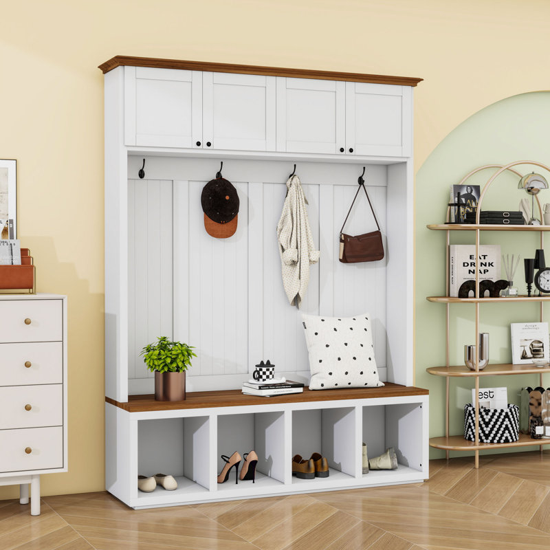 Entryway Hall Tree with Bench, 4 Cabinets, Open Compartments and 4 Hooks, White