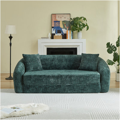 87-Inch Curved Convertible Sofa Recliner, 2-In-1 Fold-Out Sofa Bed, With Pull-Out Base And Deep Seat Design, Includes Two Pillows, Chenille Two-Seater Recliner, No Assembly Required, Green