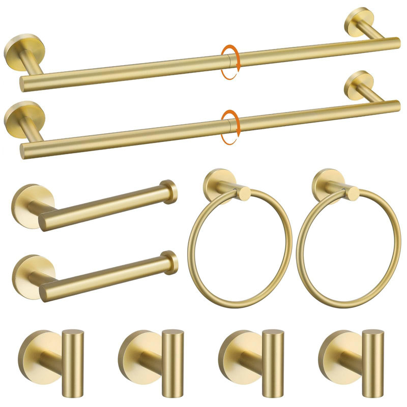 Brushed Gold Towel Bar Set 10 Pieces Bathroom Hardware Accessories Set Towel Rack Set For Bathroom SUS304 Stainless Steel Wall Mounted 23.6 Inch