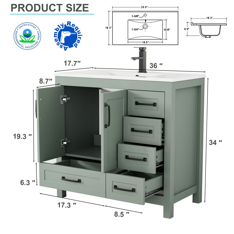 Sharee 36" Single Bathroom Vanity With Sink Top, Bathroom Sink Faucet and Pop Up Drain, Hand Paint Surface, EPA Certified