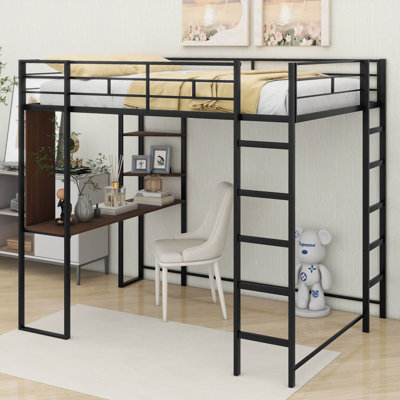 Metal Loft Bed With 2 Shelves And One Desk