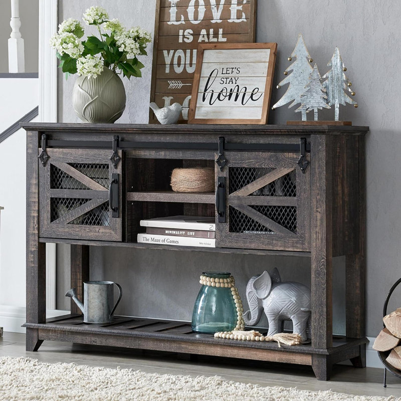 Yasmine 46" Farmhouse Console Table,Entryway Table  With Sliding Barn Door, Dark Rustic Oak