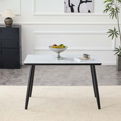 Modern Minimalist Rectangular Dining Table with Tempered Glass and Imitation Marble, Ideal for Small Spaces and Multifunctional Use