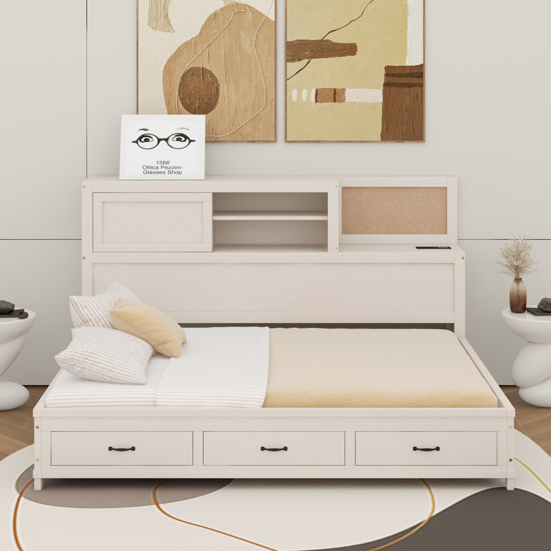 Lit de jour en bois pleine grandeur avec 3 tiroirs de rangement, tablette souple supérieure, tablette et ensemble de prises et ports USB