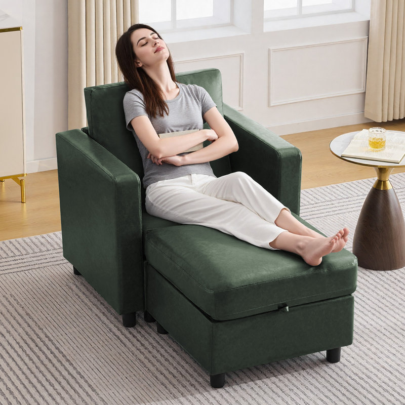 Ensemble de canapé modulaire en similicuir avec repose-pieds de rangement - 1 siège + repose-pieds, 1 Seat + 1 Ottoman, Green