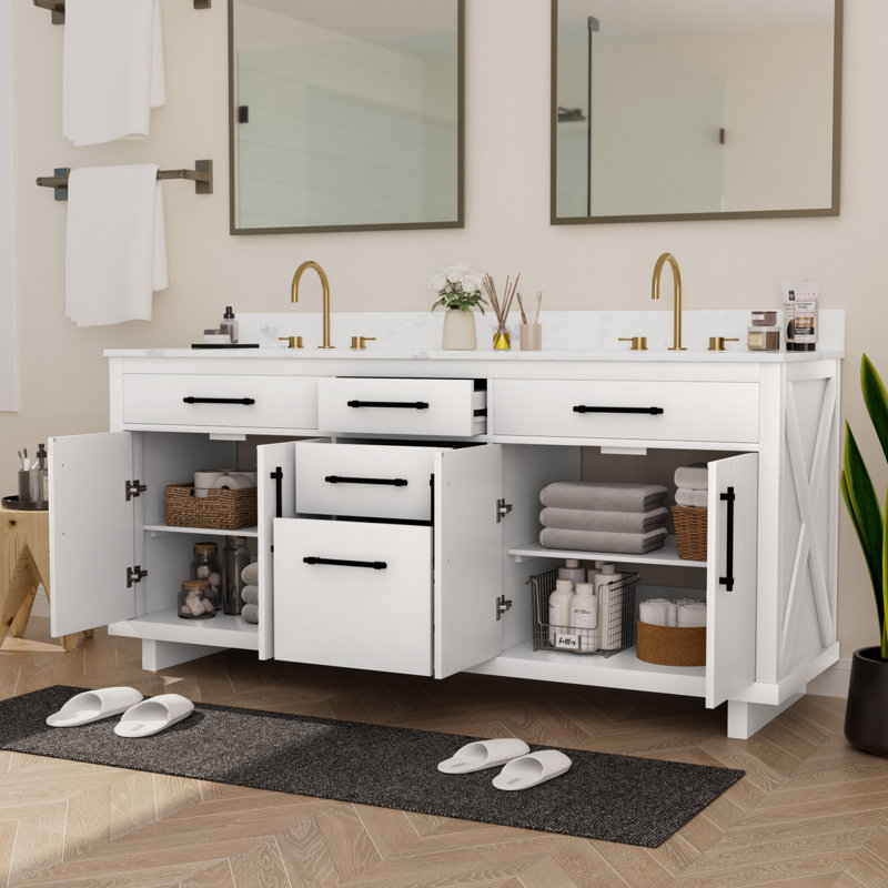 Meuble-lavabo double 72 po avec comptoir en faux marbre et lavabo en céramique, Blanc