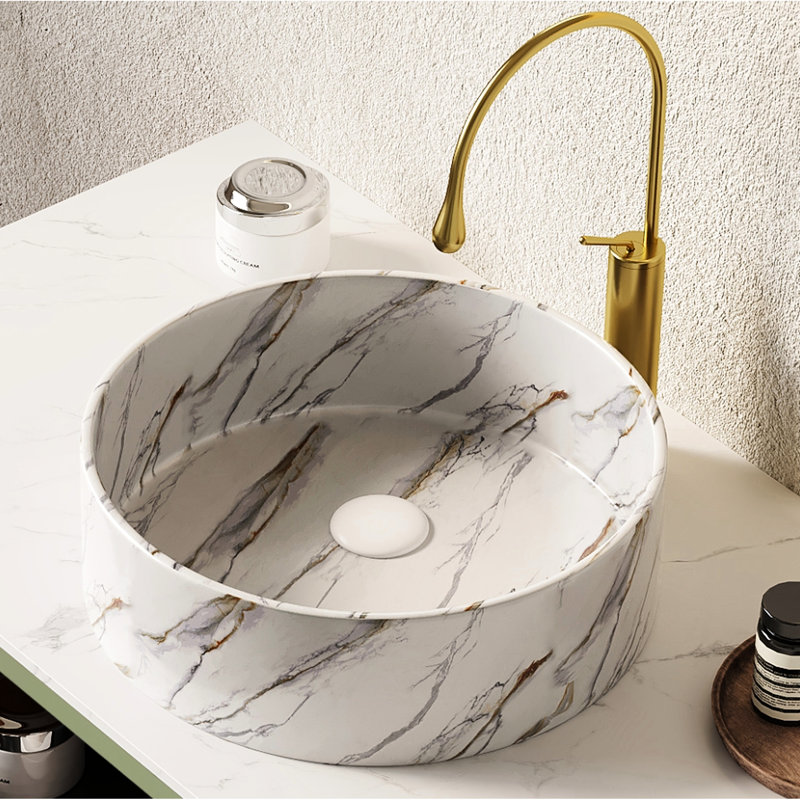 Lavabo de salle de bain vasque rond 14 po en céramique blanche brillante avec motif de pierre, une pièce, sans robinet ni accessoire d'installation d'armoire