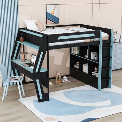 Loft Bed with Desk, LED Lights, USB Charging Ports, 6 Storage Cubbies and 6 Drawers