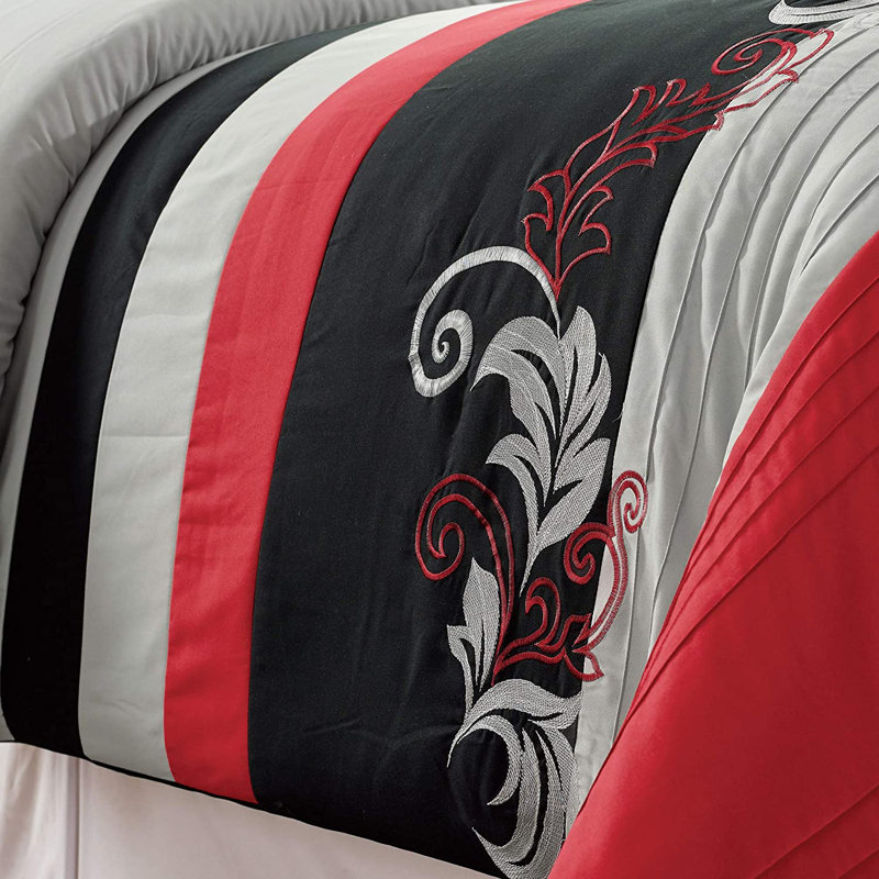 Floral Embroidered Microfiber 7 Piece Comforter Set, Teal/Gray/Black, Queen Comforter + 6 Additional Pieces
