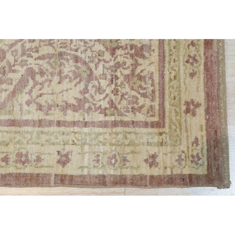 Ivory Hand-Knotted Wool Floral Palmettes Geometric Modern Contemporary Carpet Rug, 3' x 10'