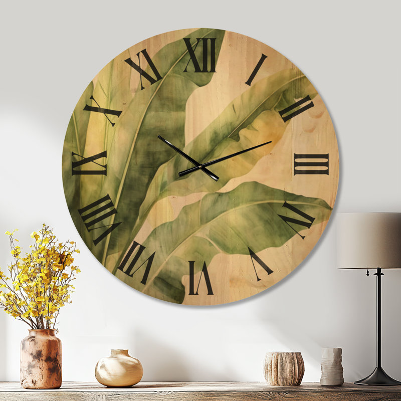 Horloge murale en bois silencieuse Banana Leaf Calm - Motif tropical sans tic-tac, Très grand