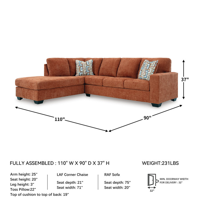 Kleban 2-Piece Sectional With Chaise, Orange Polyester, Left Hand Facing