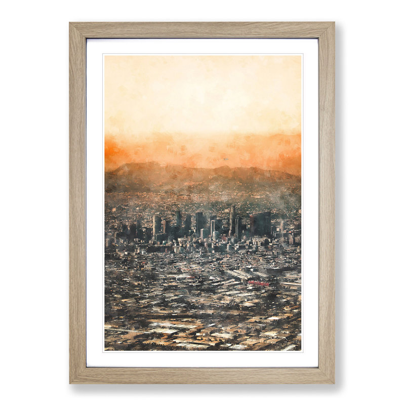 High over the Los Angeles Skyline - Picture Frame Painting Print, 63cm H x 45cm W x 2cm D, Oak Framed
