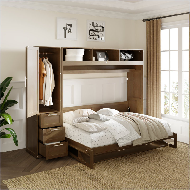 Lit escamotable avec garde-robe, tiroirs et tablettes ouvertes, bois antique