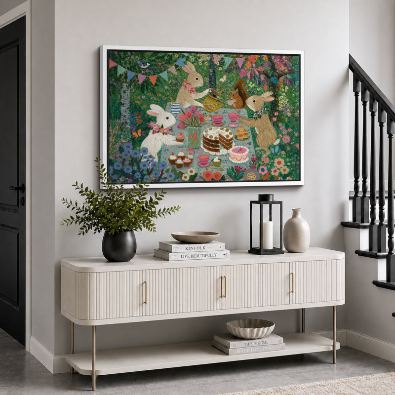 «Woodland Rabbit Tea Party», image de chambre de bébé, impression sur toile encadrée, impression numérique, Cadre blanc