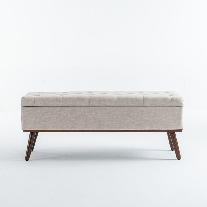 Delmy Linen Upholstered Storage Bench with Wood Base Tufted Ottoman, Beige