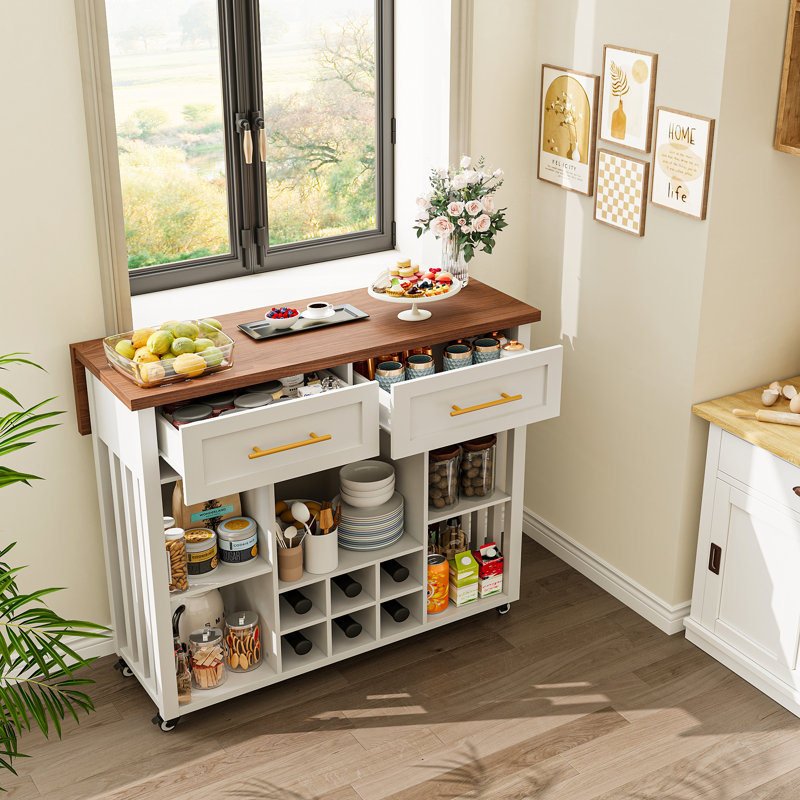 39.4'' L Modern Rolling Kitchen Island With Drop Leaf Countertop And Wine Rack, Wooden Kitchen Cart With 2 Storage Drawers And Towel Rack