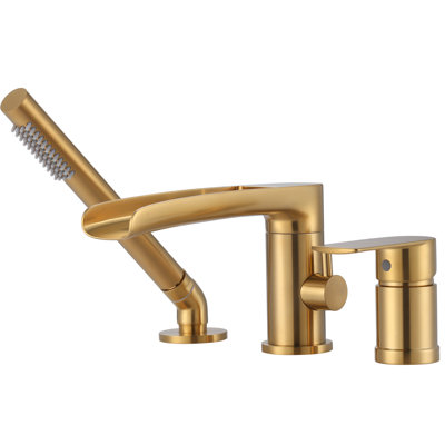 Waterfall Deck-Mount Roman Tub Faucet With Hand Shower, 3-Hole Single Handle Bathtub Faucet