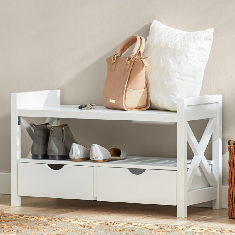 Shoe Storage Bench with Drawers, Entryway Bench with Open Shelf, Wooden Hallway Organizer for Foyer or Bedroom, White
