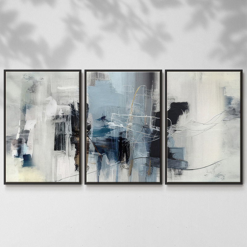 Winter Abstraction II, 3 pièces, Cadre noir, H 36 po x l 75 po x P 2 po