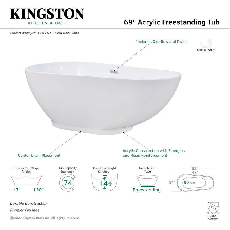 Kingston Brass Aqua Eden 69-Inch Acrylic Oval Double Ended Freestanding Tub with Drain