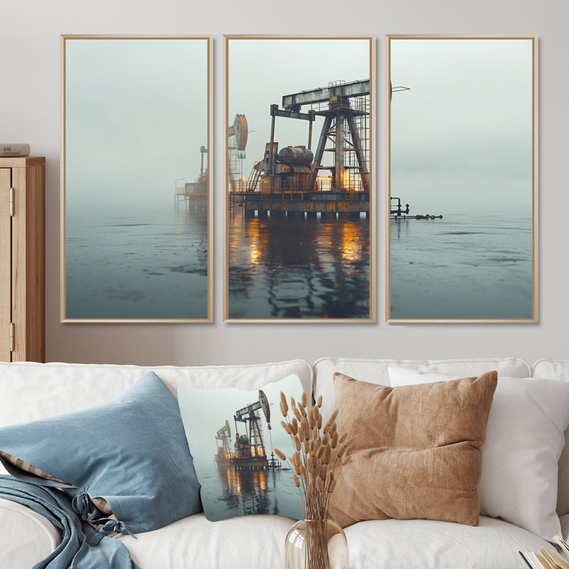 Gris, jaune, hiver, carburant, Futures, plate-forme de pétrole, ensemble d'art mural, Toile naturelle avec cadre flottant