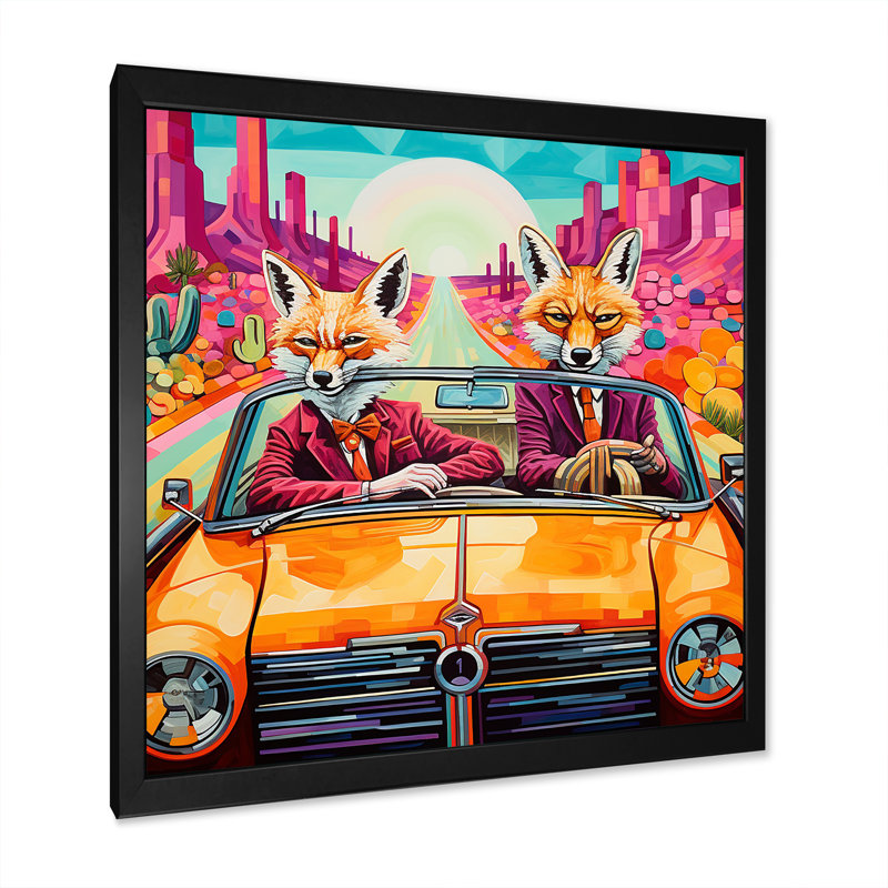 Art mural, renard aventureux au volant II, H 16 po x l 16 po x P 1 po, Cadre photo noir