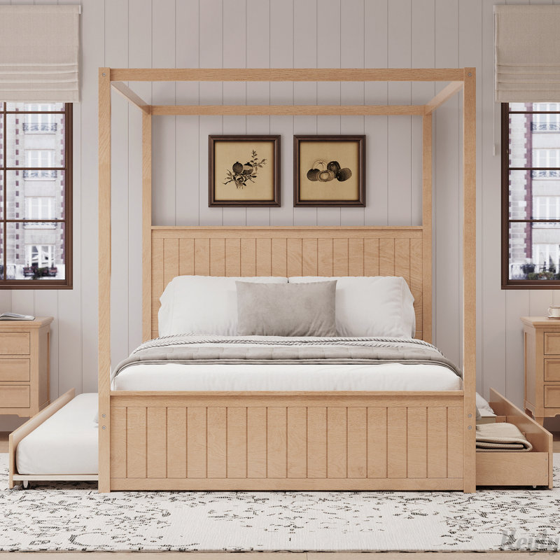 Canopy Platform Bed with Trundle and Three Storage Drawers, Natural