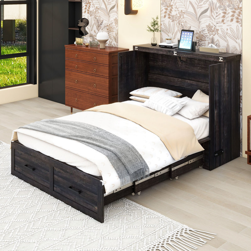 Wood Murphy Platform Bed with Charging Station and 1 Large Drawer, Rustic Grey, Full
