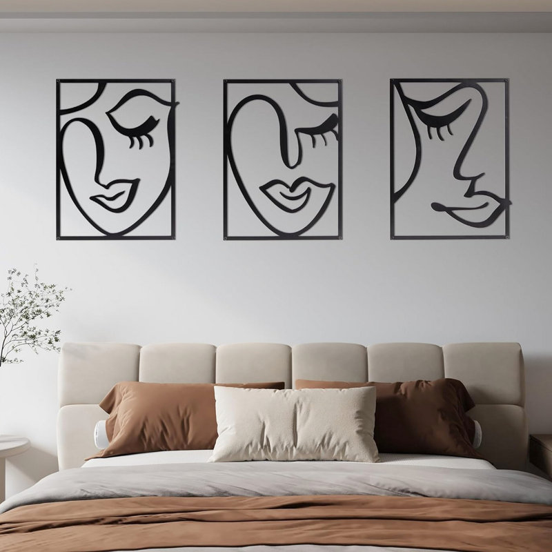 Three Piece Wall Decor In Black Metal, Abstract Female Face Line Drawing, Cut 3D Hollow Out, Pre - Fitted Holes For Home Decorative Touch , Metal Rectangular Frame, Design, Adornment