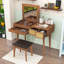Coiffeuse de maquillage avec miroir rabattable, tabouret rembourré, 3 tiroirs et décorations en rotin