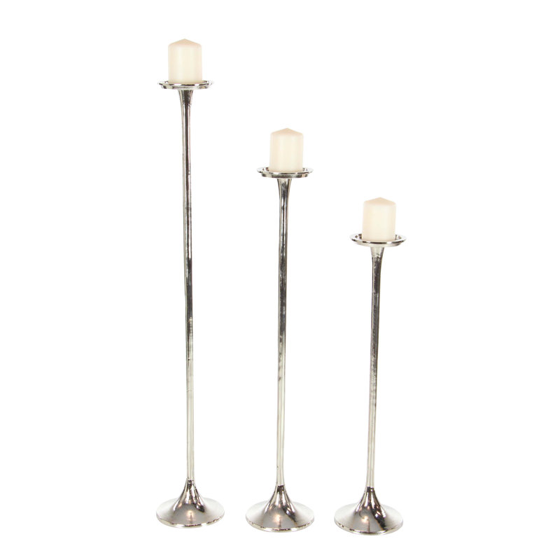 3 Piece Aluminum Tall Candle Holder Set, 27", 32", 40"H, Silver
